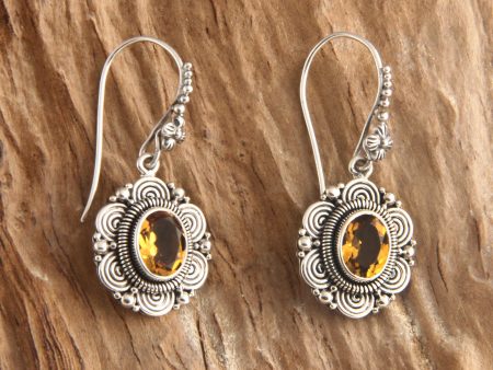 Balinese Sunflower Floral Sterling Silver and Citrine Dangle Earrings Fashion