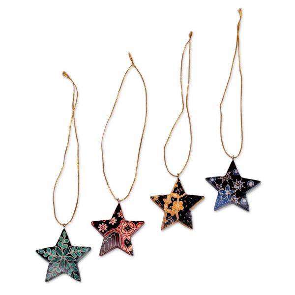 Bali Stars Four Batik Wood Star Ornaments by Balinese Artisans on Sale