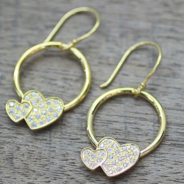 Adorable Hearts Gold Plated 925 Silver & Cubic Zirconia Butterfly Earrings For Sale