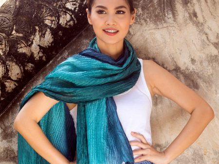 Aqua Turquoise Transition Hand Dyed Pin Tuck Silk Scarf Online now