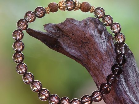 Batuan Tune Smoky Quartz Beaded Stretch Bracelet with Wood Accents Online Sale