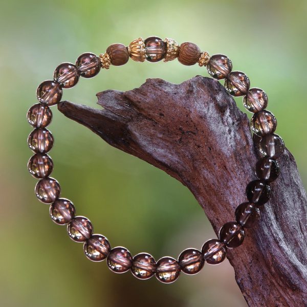 Batuan Tune Smoky Quartz Beaded Stretch Bracelet with Wood Accents Online Sale