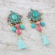 Ballroom Chic in Aqua Pink Quartz Blue Calcite Beaded Oval Tassel Dangle Earrings Online Sale