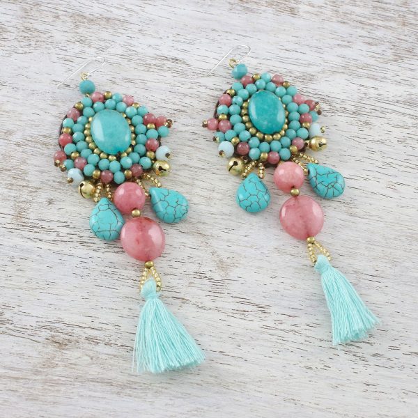 Ballroom Chic in Aqua Pink Quartz Blue Calcite Beaded Oval Tassel Dangle Earrings Online Sale