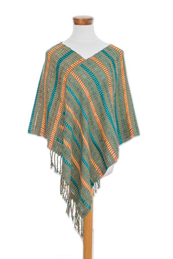 Beach Stripes Handwoven Striped Cotton Poncho from Guatemala Online now