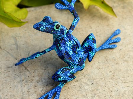 Blue Dancing Frog Artisan Crafted Blue Wood Frog Figurine Sculpture on Sale