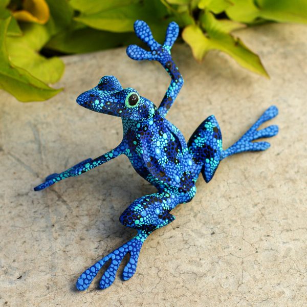 Blue Dancing Frog Artisan Crafted Blue Wood Frog Figurine Sculpture on Sale