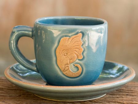 Blue Thai Elephant Thai Blue Celadon Elephant Cup and Saucer Set Supply