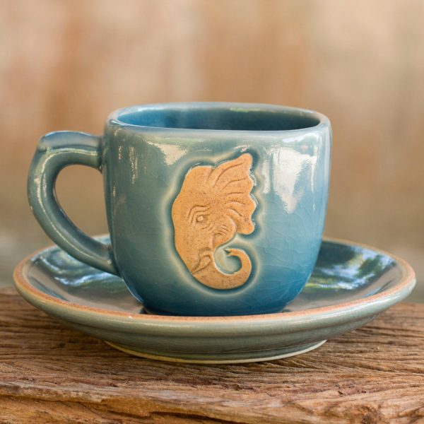 Blue Thai Elephant Thai Blue Celadon Elephant Cup and Saucer Set Supply