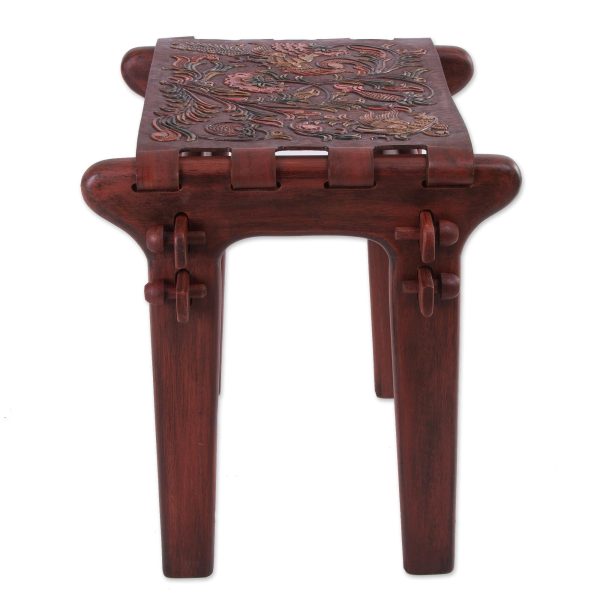 Andean Paradise Birds and Flowers Embossed on Leather and Wood Stool Hot on Sale