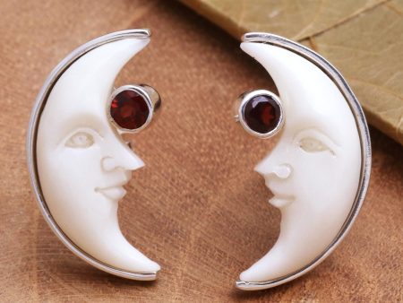 Awake Moons Garnet and Bone Crescent Moon Stud Earrings from Bali Online Hot Sale