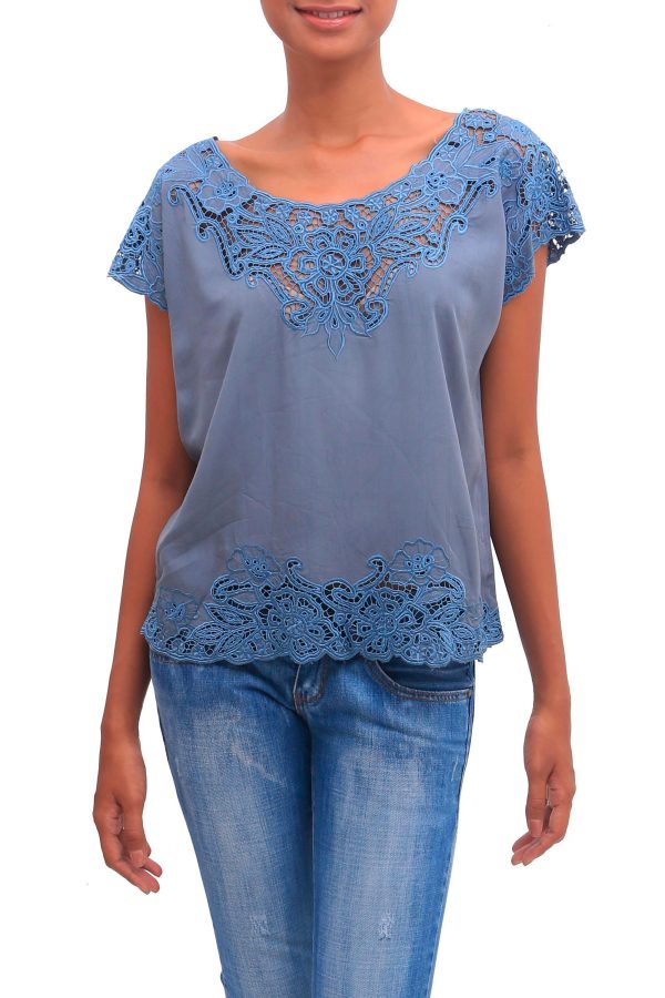 Blue Spruce Kusuma Floral Embroidered Rayon Blouse in Blue from Bali Online