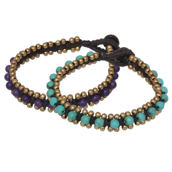 Blue Purple Aryuveda Hand Made Quartz and Resin Beaded Bracelets (Pair) Hot on Sale