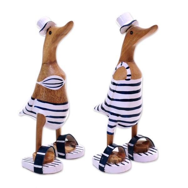 Beachside Ducks Bamboo Root and Wood Duck Beach Goer Sculptures (Pair) For Sale