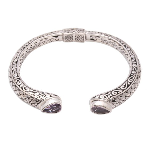 Woven Drops Weave Pattern Amethyst Cuff Bracelet from Bali For Sale