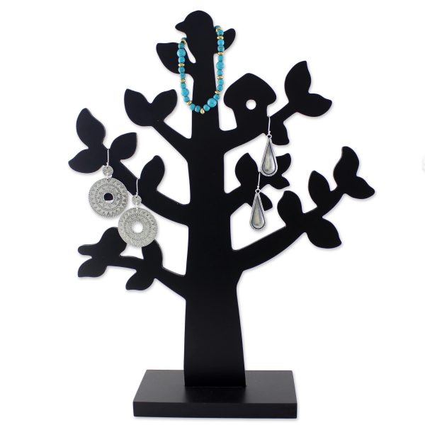 Bird Habitat in Black Wood Jewelry Tree with Bird in Black from Thailand For Sale