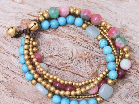 Bohemian Melange Multi-gemstone Beaded Bracelet with Ringing Brass Bells Fashion