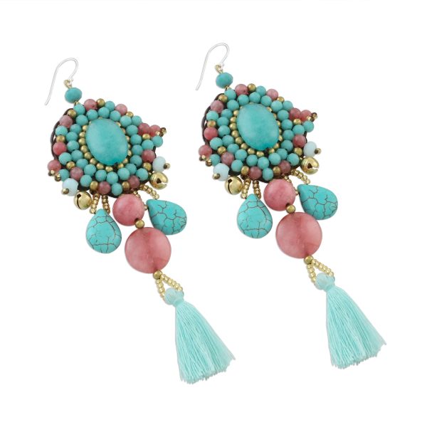 Ballroom Chic in Aqua Pink Quartz Blue Calcite Beaded Oval Tassel Dangle Earrings Online Sale