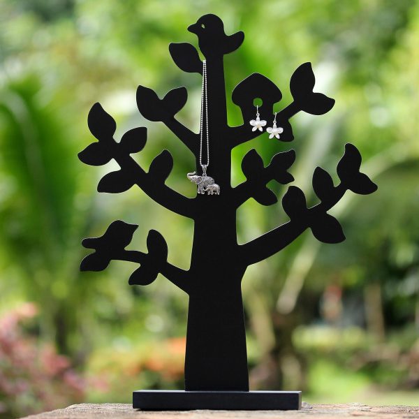 Bird Habitat in Black Wood Jewelry Tree with Bird in Black from Thailand For Sale