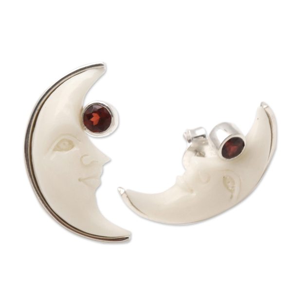 Awake Moons Garnet and Bone Crescent Moon Stud Earrings from Bali Online Hot Sale