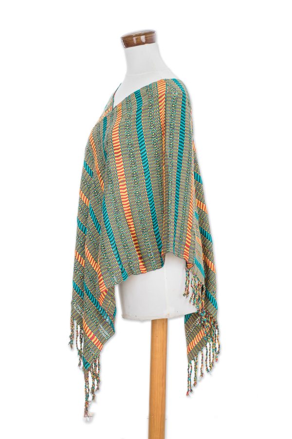 Beach Stripes Handwoven Striped Cotton Poncho from Guatemala Online now