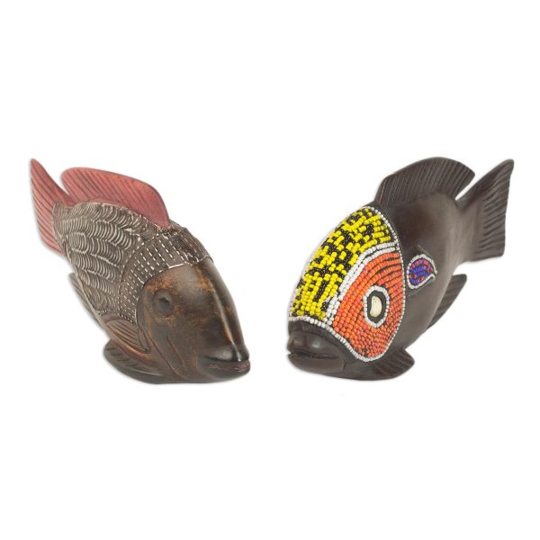 African Tilapia Fish Beaded Wood Sculptures (Pair) For Sale