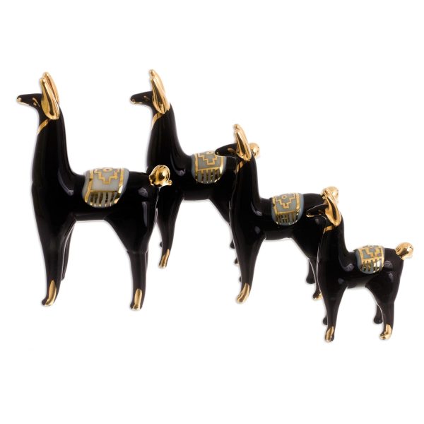 Black Llamas of the Andes Set of 4 Black Glass Llama Figurines with Gilded Accents For Discount