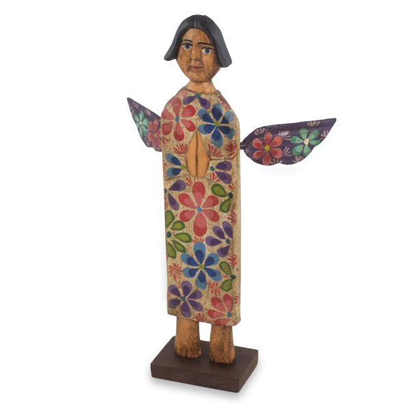 Angel of Peace Artisan Crafted Antiqued Pinewood Angel Sculpture For Discount