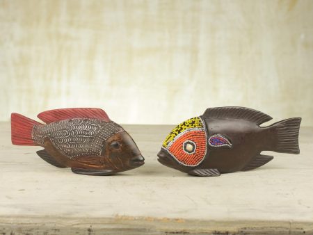 African Tilapia Fish Beaded Wood Sculptures (Pair) For Sale