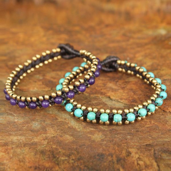 Blue Purple Aryuveda Hand Made Quartz and Resin Beaded Bracelets (Pair) Hot on Sale