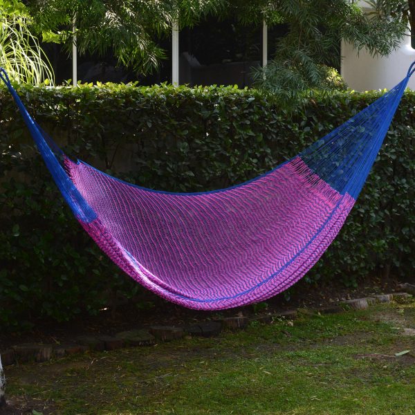 Berry Blossom Hand Woven Pink and Blue Nylon Hammock from Mexico (Double) Online now