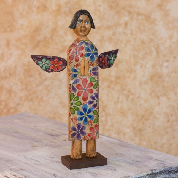 Angel of Peace Artisan Crafted Antiqued Pinewood Angel Sculpture For Discount