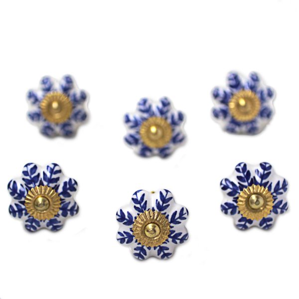 Blue Sunshine Ceramic Cabinet Knobs Floral White Blue (Set of 6) India Hot on Sale