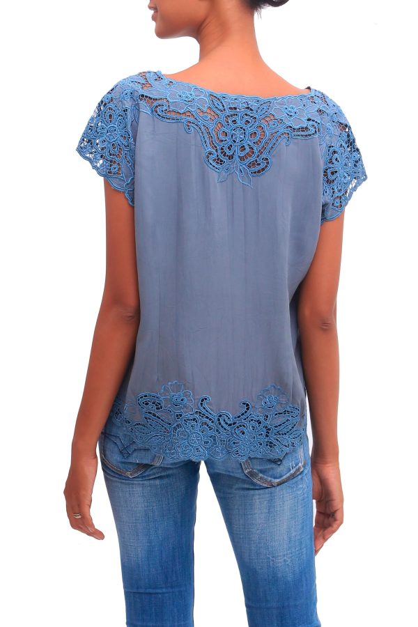 Blue Spruce Kusuma Floral Embroidered Rayon Blouse in Blue from Bali Online