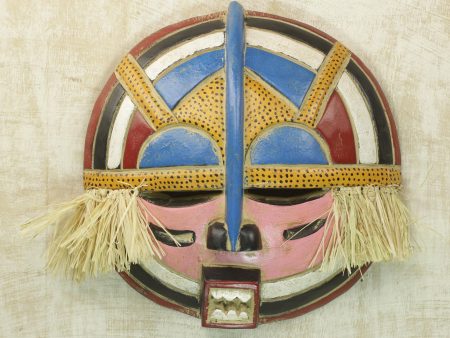 Adenike Hand Carved Rubberwood Round Adenike Mask with Raffia Sale