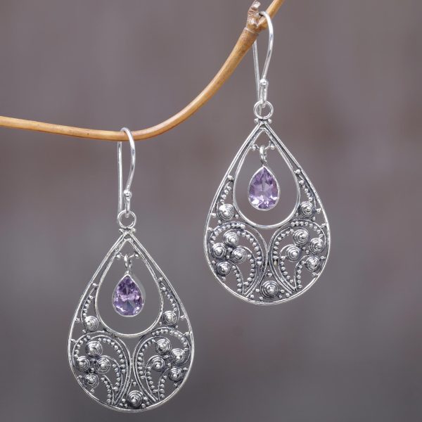 Bali Crest Amethyst and Sterling Silver Dangle Earrings For Cheap