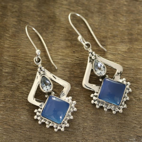 Blue Creativity Chalcedony and Blue Topaz Dangle Earrings from India Online now