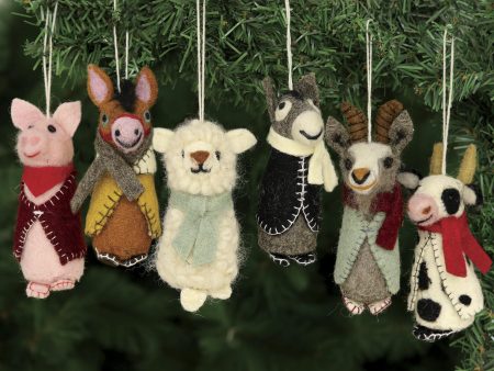 Barnyard Bunch Embroidered Wool Animal Holiday Ornaments (Set of 6) For Cheap