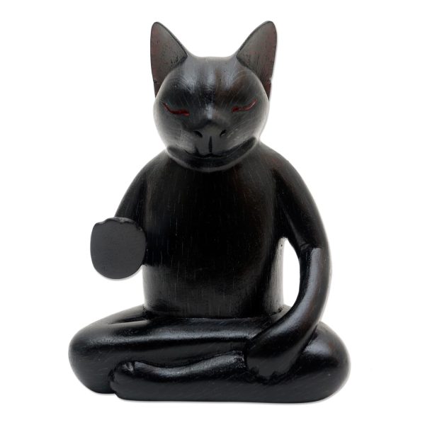 Black Cat Meditates Wood Statuette of Black Cat Meditating Discount