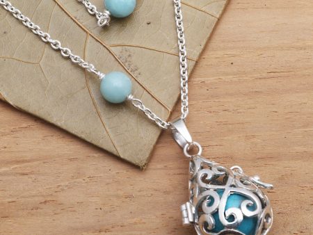 Blue Lace Angel Chime Silver Amazonite and Blue Enamel Harmony Ball Necklace on Sale