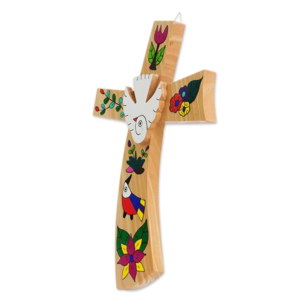 Beauty and Purity Hand-Painted Bird Motif Pinewood Wall Cross from El Salvador Supply