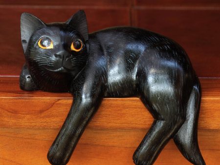 Black Cat Relaxes Signed Balinese Black Cat Sculpture For Sale