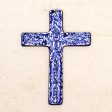 Blue Leaves Blue and Ivory Artisan Crafted Ceramic Mexican Wall Cross Supply