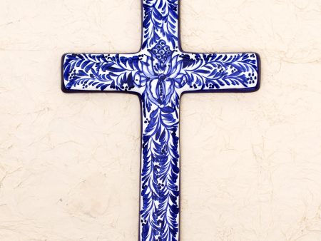 Blue Leaves Blue and Ivory Artisan Crafted Ceramic Mexican Wall Cross Supply