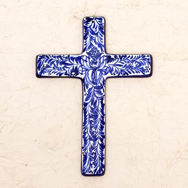 Blue Leaves Blue and Ivory Artisan Crafted Ceramic Mexican Wall Cross Supply