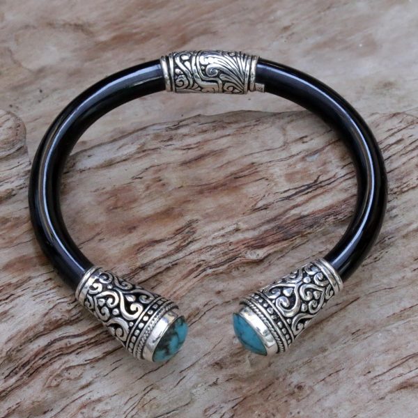 Beauty of Bali Sterling Silver and Natural Turquoise Balinese Cuff Bracelet Hot on Sale