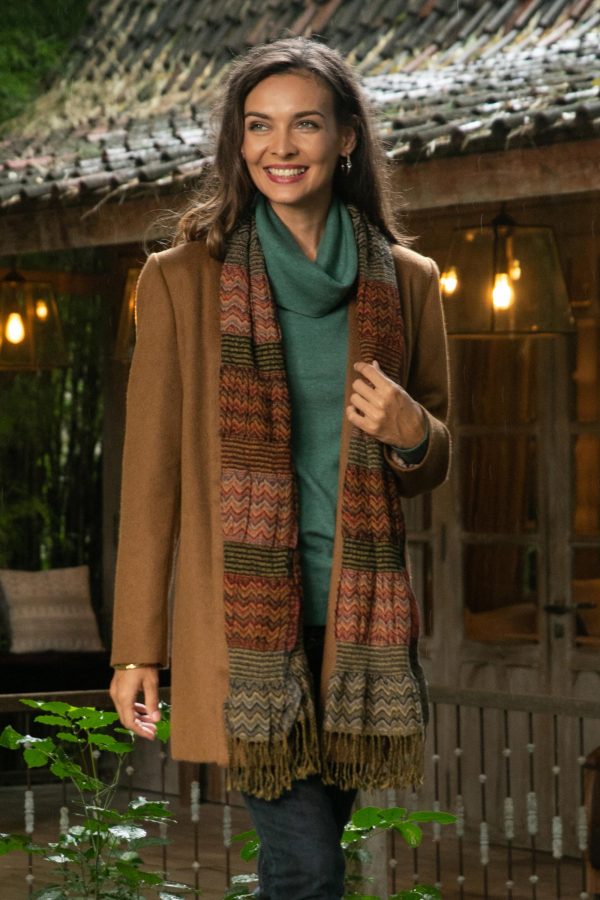 Autumn Waves Wave Pattern Wool Scarf from India For Cheap