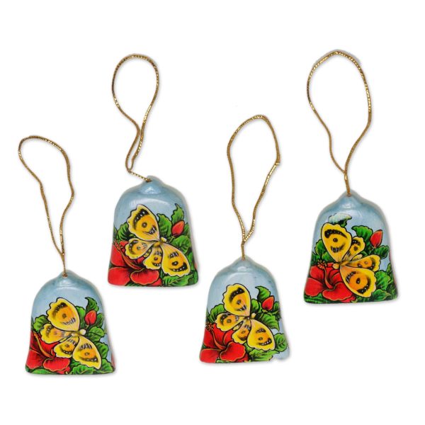 Bells and Butterflies Hand Painted Bell Ornaments with Butterflies (Set of 4) For Sale