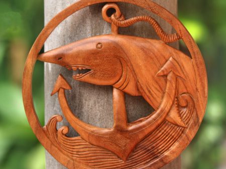 Anchor Shark Nautical Shark-Themed Wood Relief Panel from Bali For Discount