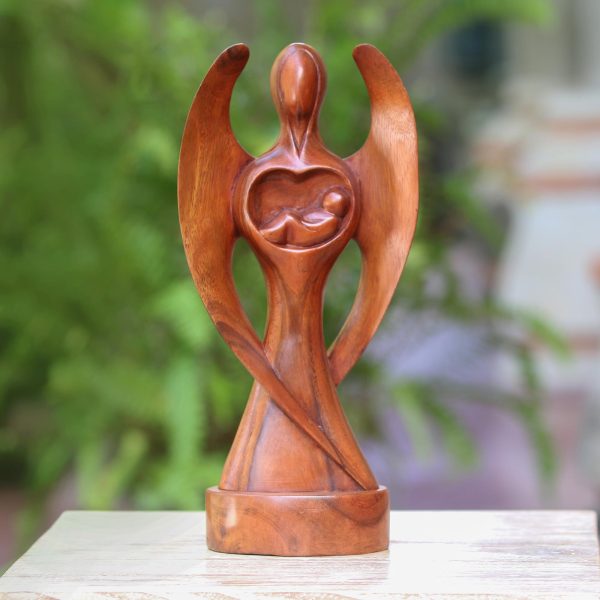 Baby Guardian Hand-Carved Suar Wood Baby Guardian Angel Sculpture Online Hot Sale